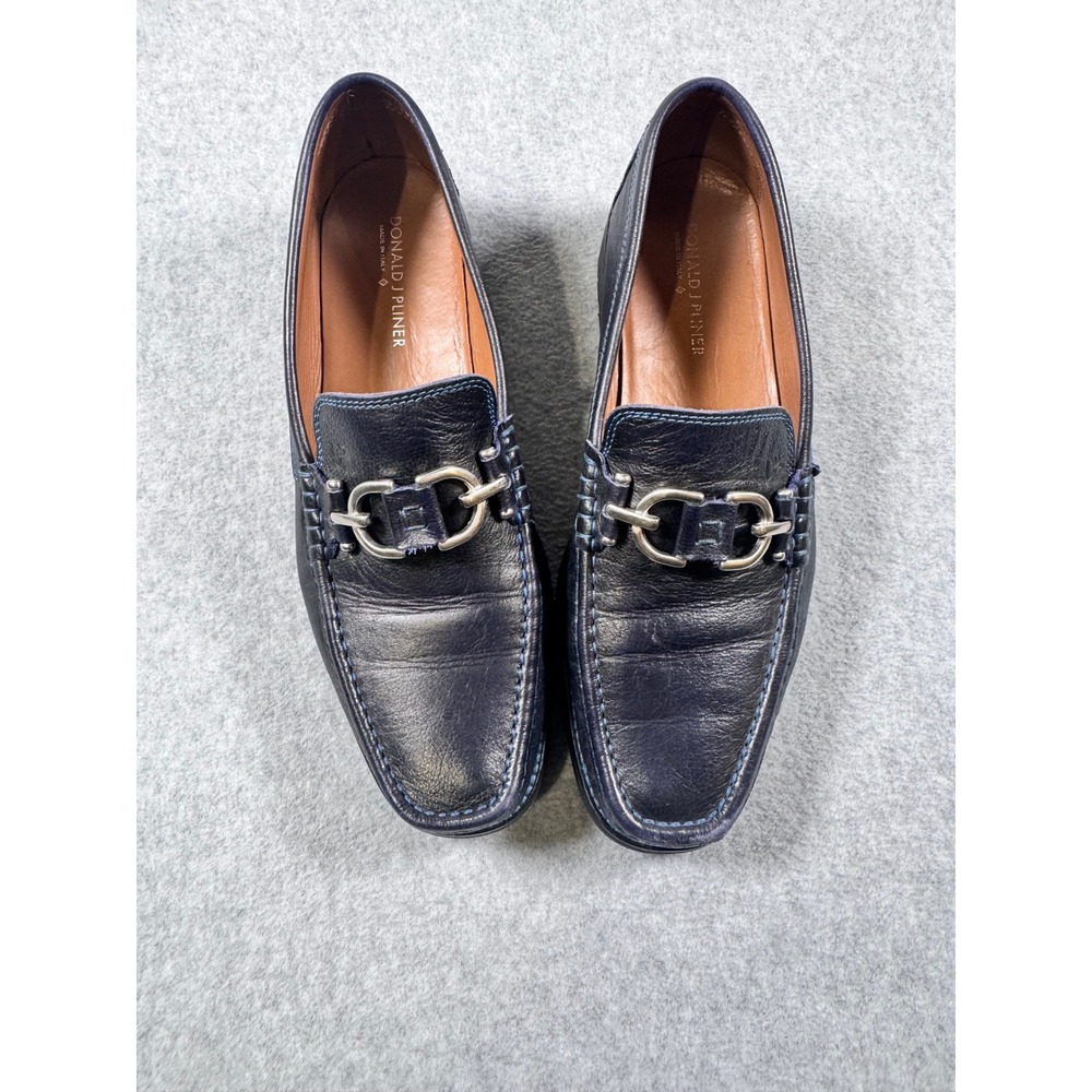 Donald J Pliner Mens Navy Blue Leather Bit Loafers Made in Italy Lug Sole 10.5 M
